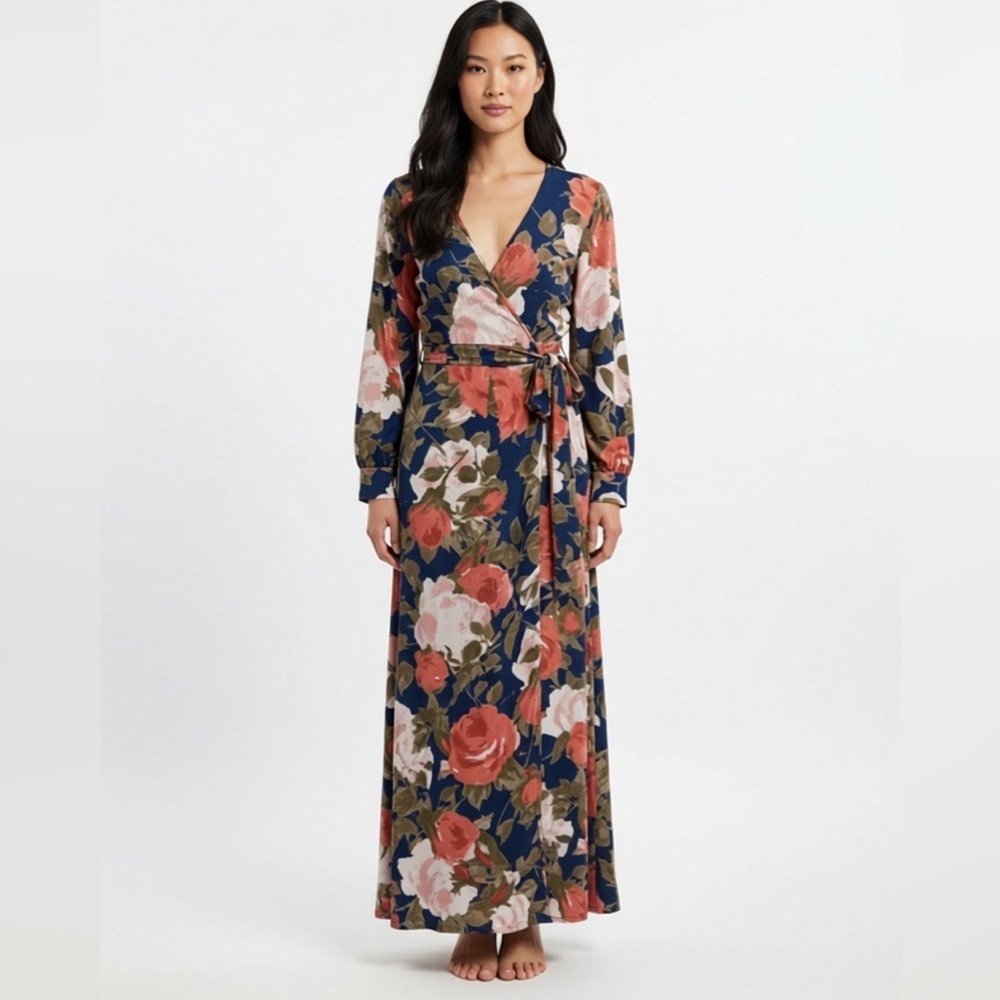 Olivaceous Blue And Pink Floral Long Sleeve Maxi Robe